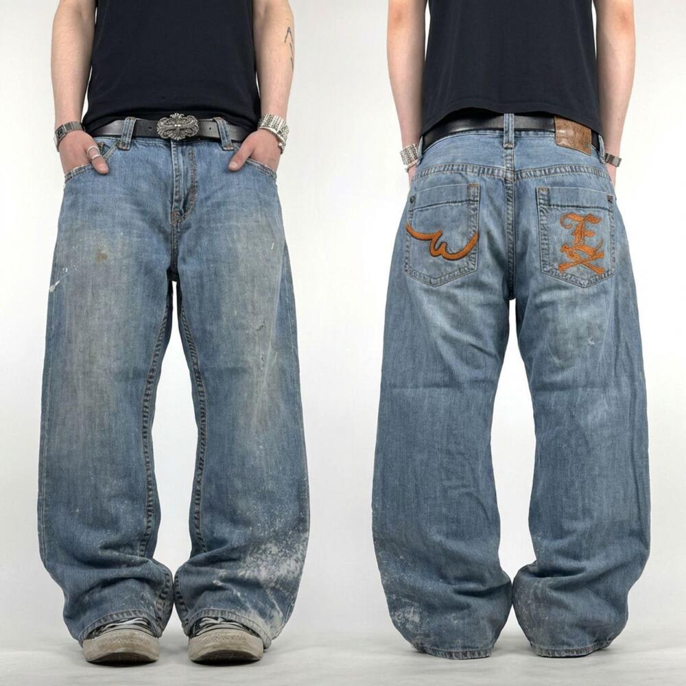 Vintage y2k grunge baggy wide leg faded embroidered skater jeans